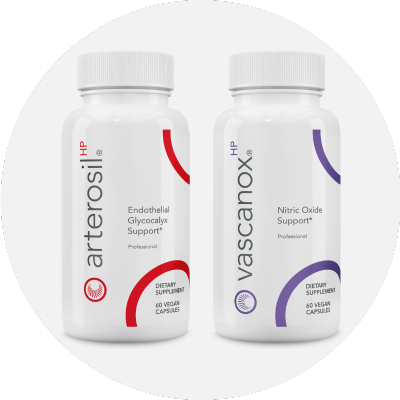 A circular graphic with two white plastic contaniers. The one on the left has this text with red graphic elements: Arterosil HP Endothelial Glycocalyx Support Dietary Supplement 60 Vegan capsules. The other has text with purple graphic elements: Vascanox HP Nitric Oxide Suppport  Dietary Supplement 60 Vegan Capsules